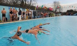 Competitors at Tooting Bec lido for the 2011 UK Cold Water Swimming Championships.