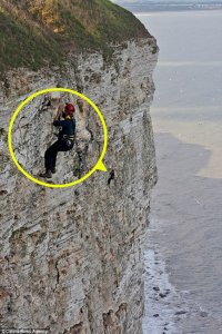 Mr Pugh dangles from Bempton Cliffs as he attempts to reach the bird entangled in fishing wire